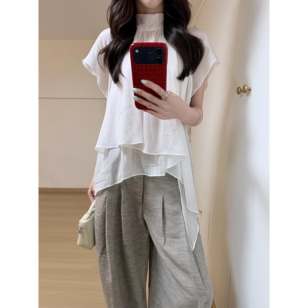 정가 프랑스식 품격 불규칙 리본 스탠드 칼라 셔츠 맨위 여성 루즈핏 슬림해 보이는 캐주얼 바지 세트 상세 이미지 3
