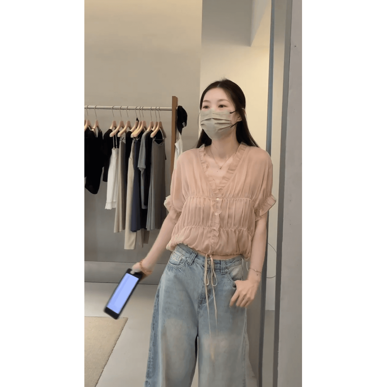정가 프랑스식 부드러운 바람 프릴 V넥 반팔 셔츠 맨위 하이웨이스트 루즈핏 와이드 레그 팬츠 세트 이미지 2