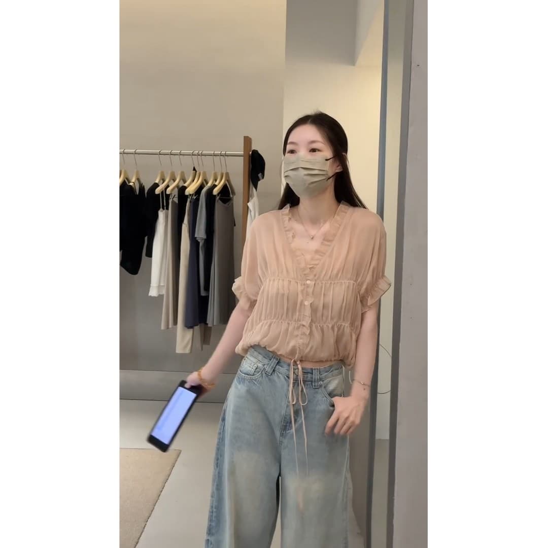 정가 프랑스식 부드러운 바람 프릴 V넥 반팔 셔츠 맨위 하이웨이스트 루즈핏 와이드 레그 팬츠 세트 상세 이미지 4
