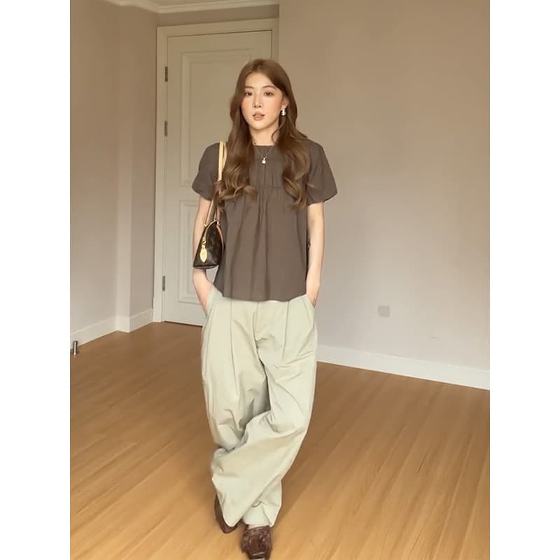정가 프랑스식 레트로 주름 루즈핏 반팔 셔츠 맨위 하이웨이스트 슬림해 보이는 넓은 다리 캐주얼 바지 세트 상세 이미지 3