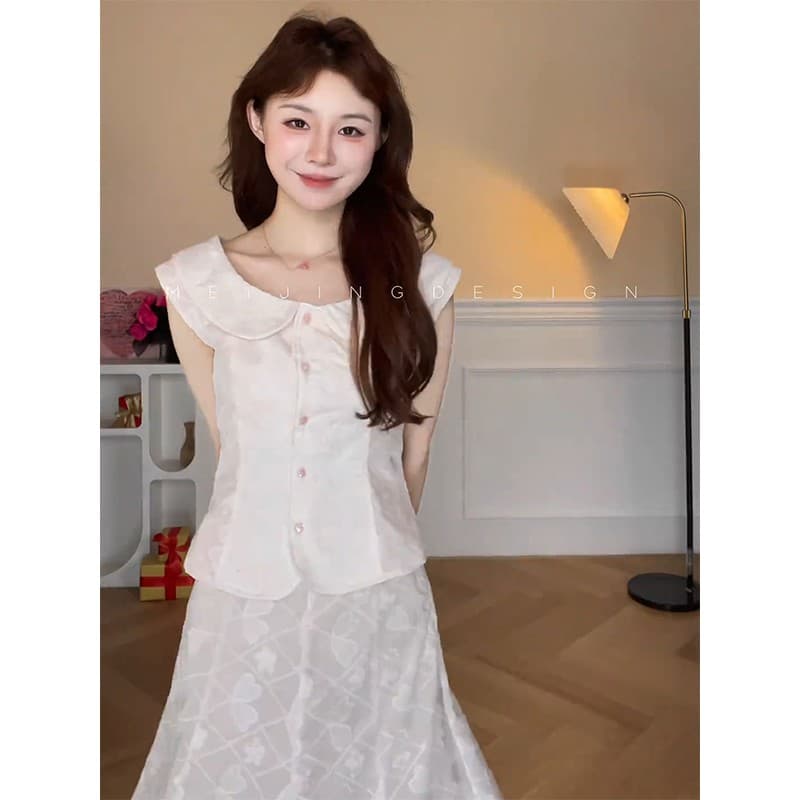 정가 프랑스식 베이비 칼라 민소매 셔츠 맨위 여름 새로운 디자인 센스 한 마디 반신 치마 세트 상세 이미지 4