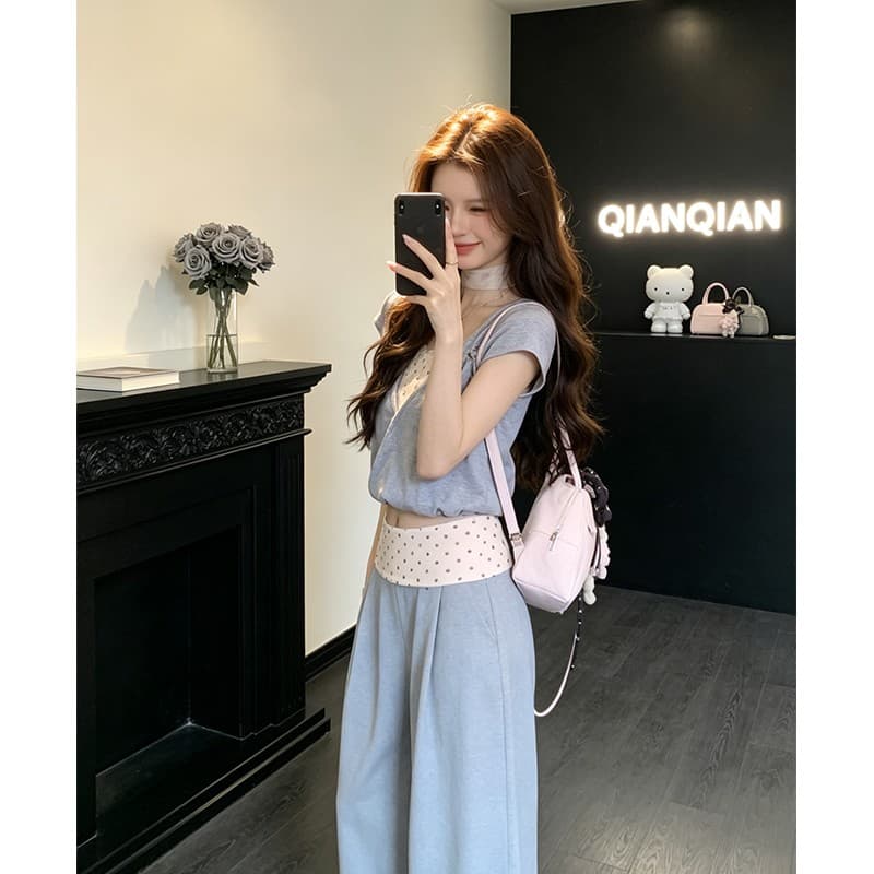 정가 한 부서 소녀 센스 별 슬립 날다 소매 슬림해 보이는 맨위 여름 페이크 레이어드 캐주얼 바지 세트 이미지 4