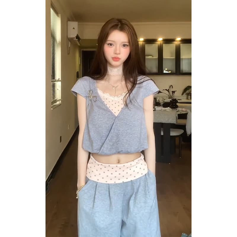 정가 한 부서 소녀 센스 별 슬립 날다 소매 슬림해 보이는 맨위 여름 페이크 레이어드 캐주얼 바지 세트 이미지 5