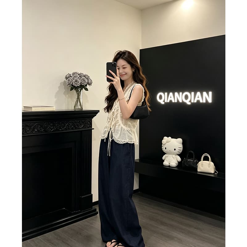 정가 프랑스식 부드러운 바람 레이스업 민소매 맨위 여성 여름 새로운 하이웨이스트 슬림해 보이는 캐주얼 바지 세트 상세 이미지 4