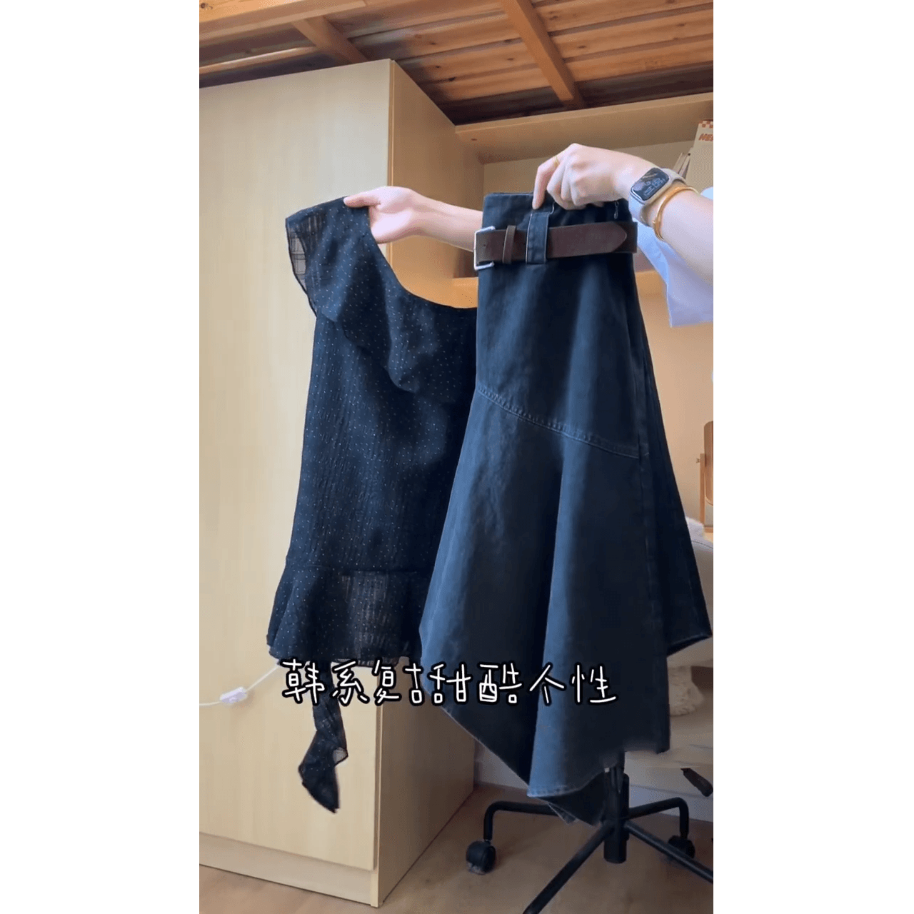 정가 여름 새로운 한 부서 불규칙 도트 무늬 맨위 여성 코디 슬림해 보이는 불규칙 반신 치마 세트 상세 이미지 3