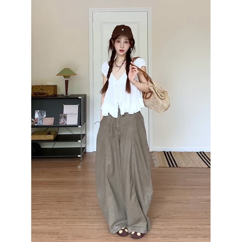 정가 프랑스식 베이비 칼라 싱글 줄 버튼 반팔 여성 셔츠 다용도 슬림해 보이는 와이드 레그 팬츠 패션 세트 이미지 4