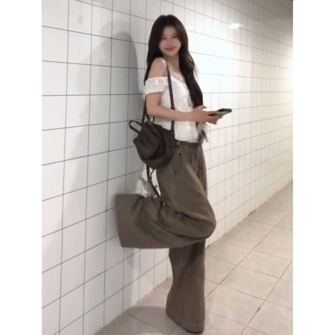 정가 프랑스식 베이비 칼라 싱글 줄 버튼 반팔 여성 셔츠 다용도 슬림해 보이는 와이드 레그 팬츠 패션 세트 상세 이미지 5