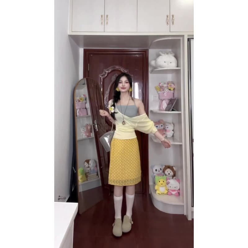 정가 프랑스식 소녀 바람 황색 도트 무늬 반신 스커트 여성 여름 달콤함 연령 감소 하이웨이스트 한 마디 미니 스커트 상세 이미지 5