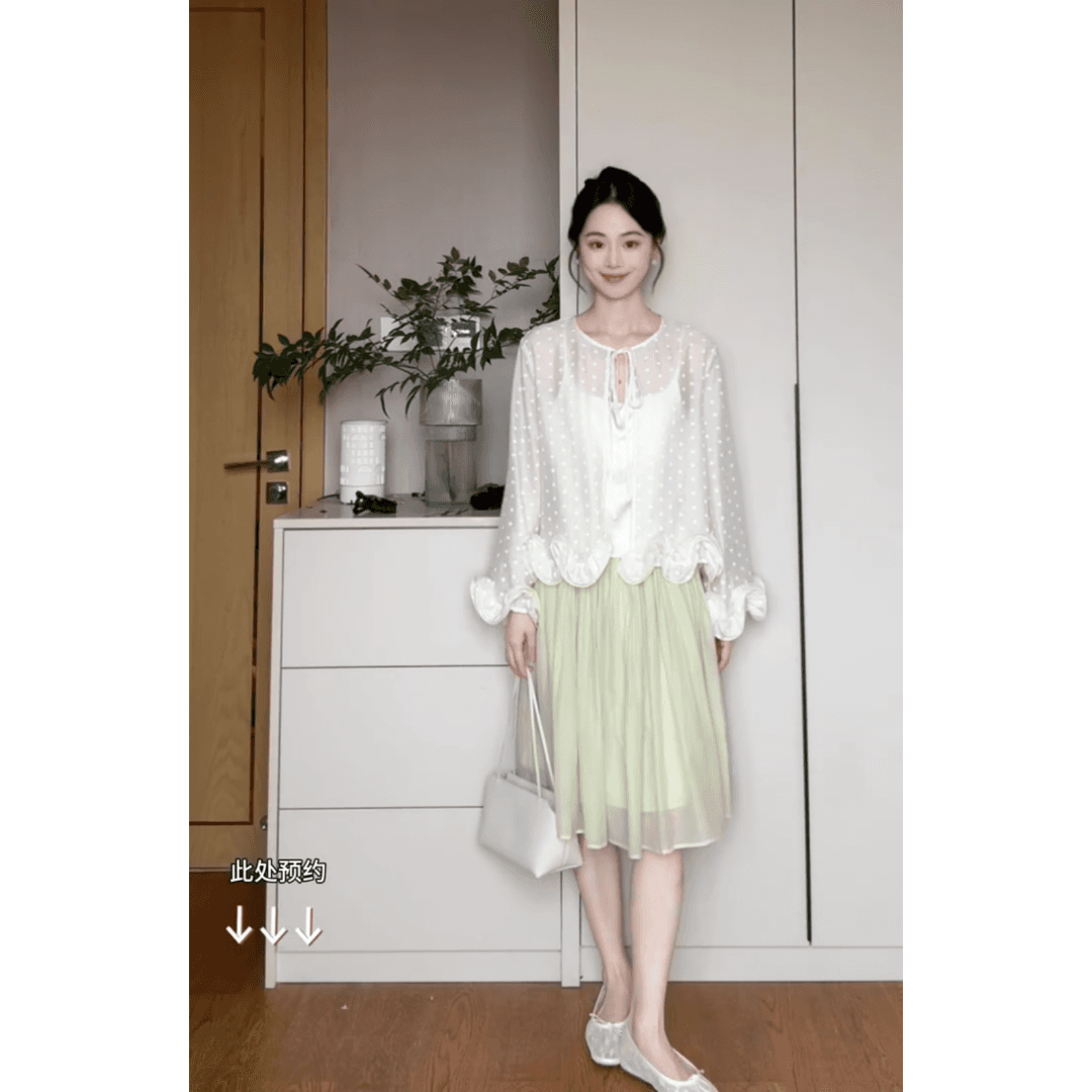 정가 새로운 중식 빛 럭셔리 바람 시스루 프릴 쉬폰 오픈 가디건 여름 망사 반신 치마 세트 이미지 4