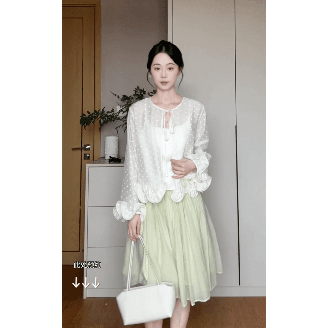 정가 새로운 중식 빛 럭셔리 바람 시스루 프릴 쉬폰 오픈 가디건 여름 망사 반신 치마 세트 이미지 5