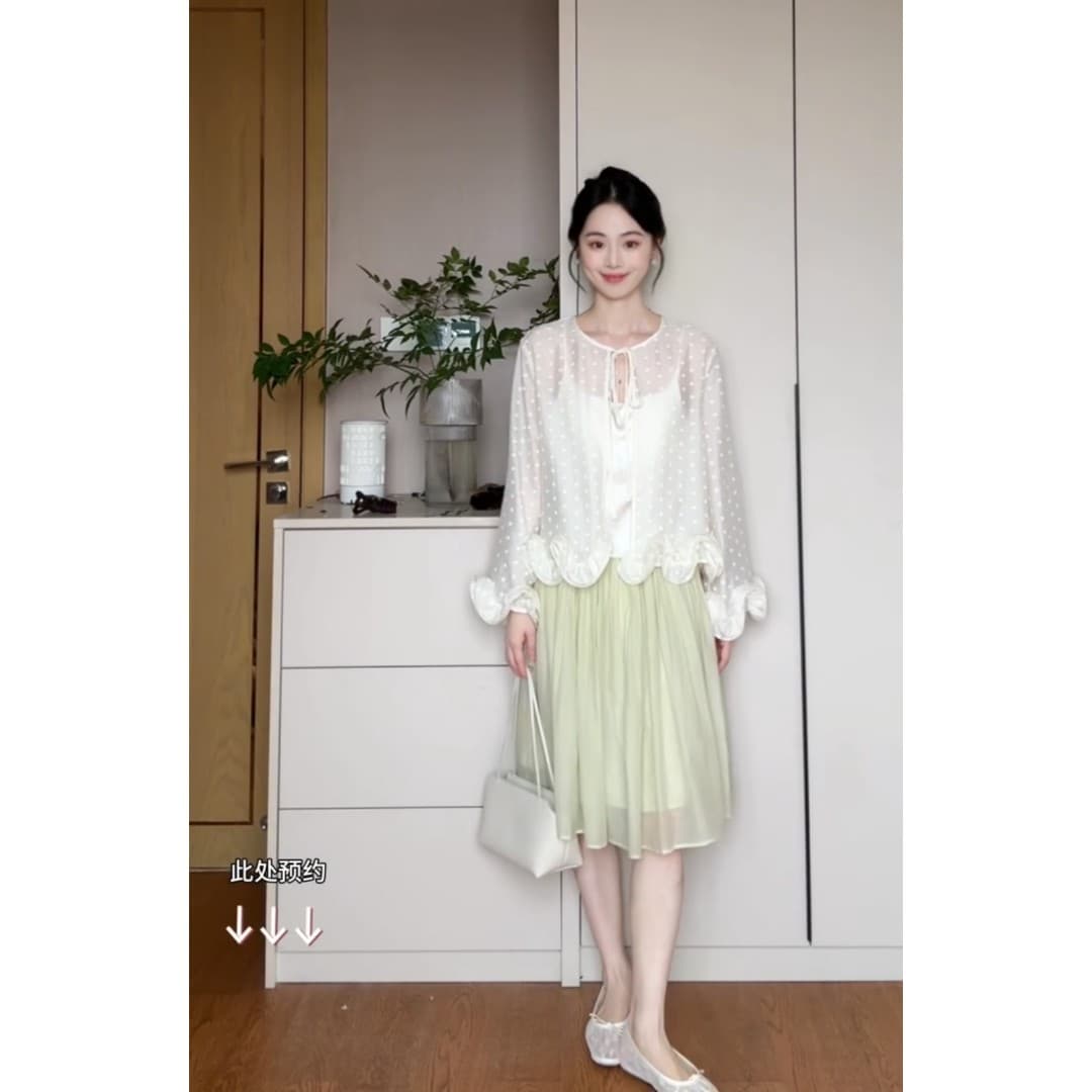 정가 새로운 중식 빛 럭셔리 바람 시스루 프릴 쉬폰 오픈 가디건 여름 망사 반신 치마 세트 상세 이미지 5