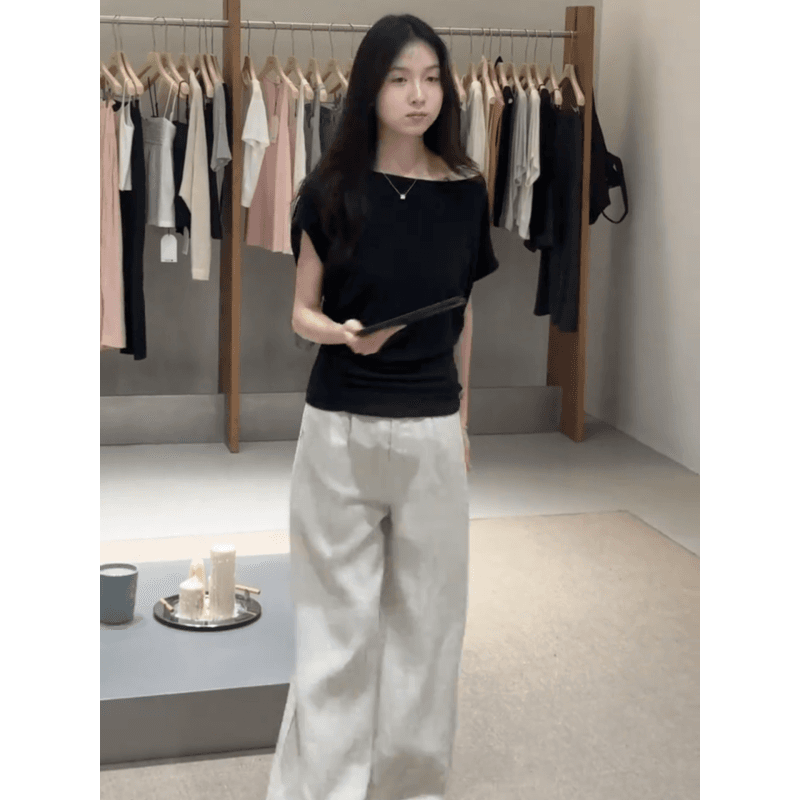 정가 순수한 욕망 바람 오프숄더 반팔 티셔츠 맨위 여성 루즈핏 슬림해 보이는 넓은 다리 캐주얼 바지 투피스 슈트 이미지 2