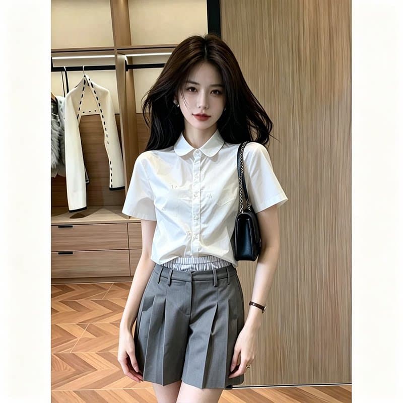 정가 한 부서 출퇴근 바람 폴로 칼라 반팔 여성 셔츠 여름 디자인 센스 정장 오부 바지 세트 이미지 3
