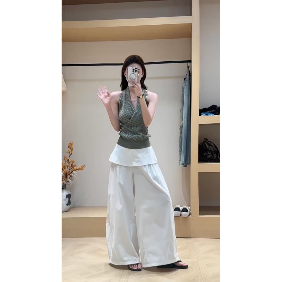 정가 프랑스식 핫걸 바람 민소매 행침 목 V넥 맨위 여성 새로운 도루 가을 루즈핏 와이드 레그 팬츠 세트 상세 이미지 2