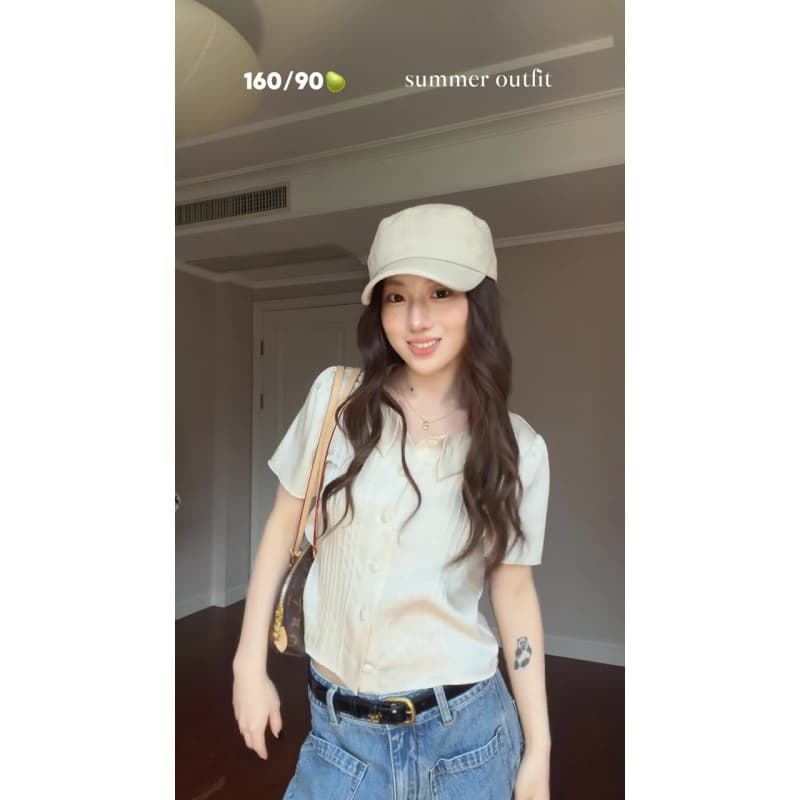 정가 출퇴근 바람 POLO 칼라 반팔 셔츠 맨위 여성 여름 디자인 센스 하이 웨이스트 청바지 세트 상세 이미지 3