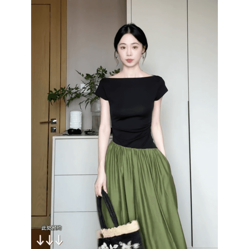 정가 디자인 센스 배색 패치워크 여성 드레스 여름 새로운 허리 수축 슬림해 보이는 부드러운 바람 길다 치마 이미지 4