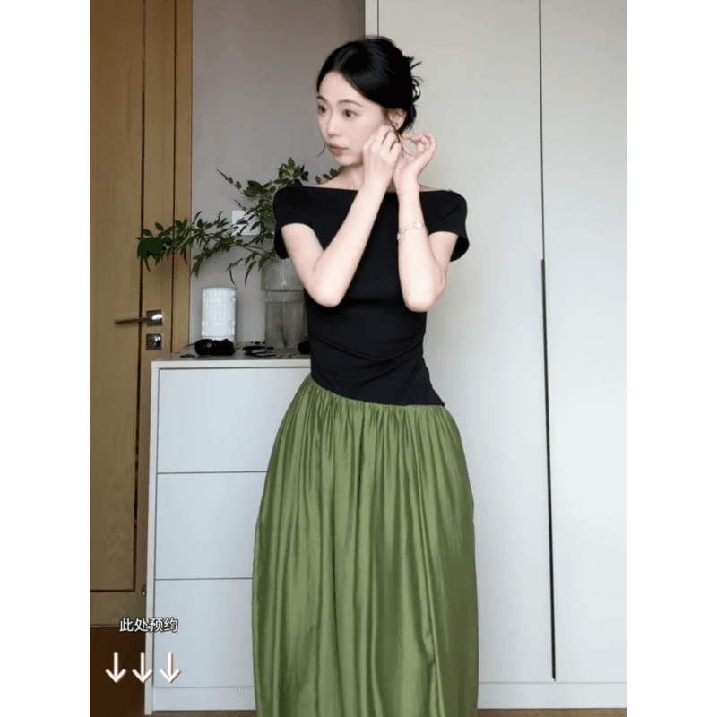 정가 디자인 센스 배색 패치워크 여성 드레스 여름 새로운 허리 수축 슬림해 보이는 부드러운 바람 길다 치마 이미지 5
