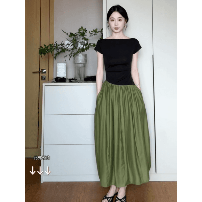 정가 디자인 센스 배색 패치워크 여성 드레스 여름 새로운 허리 수축 슬림해 보이는 부드러운 바람 길다 치마 상세 이미지 2