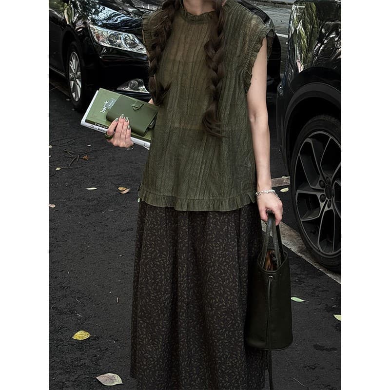 정가 프랑스식 느긋한 바람 프릴 민소매 셔츠 맨위 하이웨이스트 한 마디 꽃무늬 반신 치마 세트 이미지 2