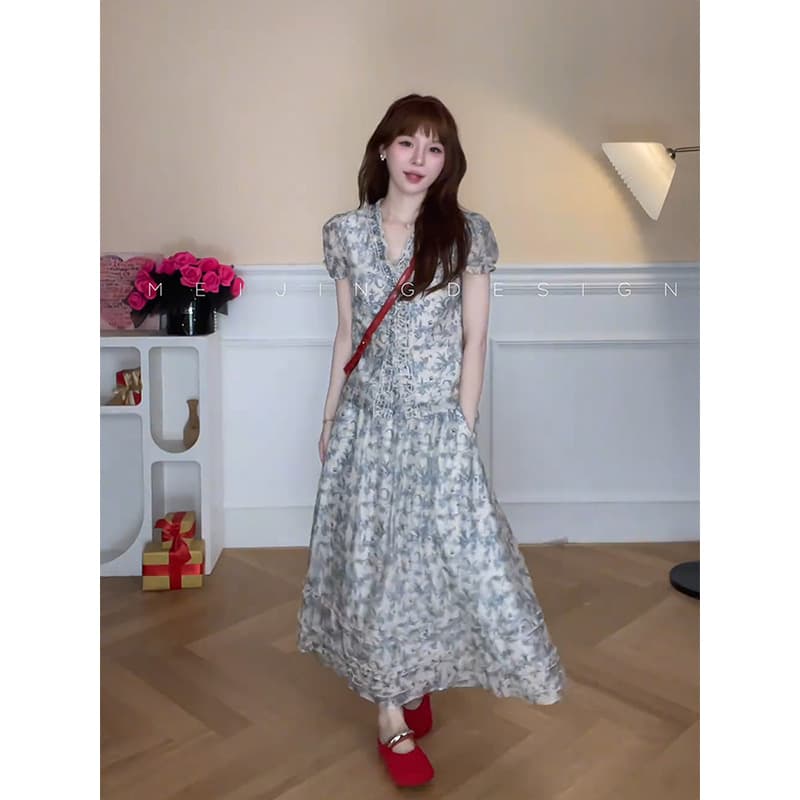 정가 프랑스식 꽃무늬 V넥 반팔 셔츠 맨위 여성 여름 새로운 부드러운 바람 하이웨이스트 반신 치마 세트 이미지 2