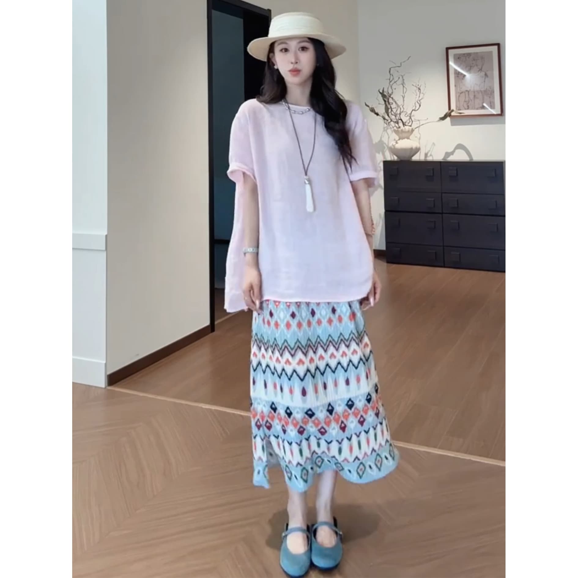 정가 한 부서 달콤한 스타일 루즈핏 반팔 티셔츠 맨위 여성 여름 새로운 프린트 반신 치마 세트 이미지 3