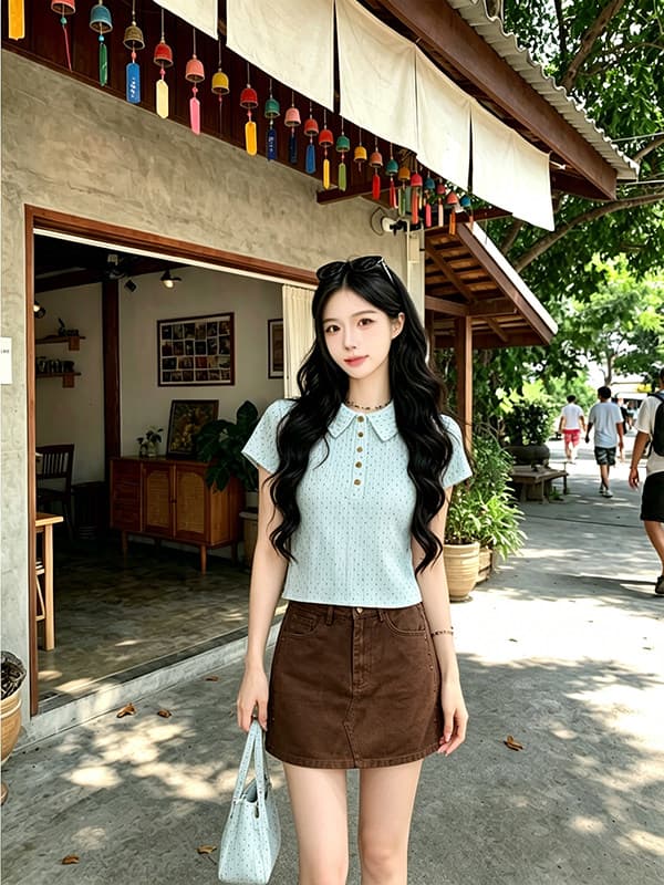 정가 신선함 연령 감소 쇼트 스타일 몸매 가꾸기 POLO 칼라 맨위 여성 여름 새로운 다용도 징 데님 반신 치마 세트 상세 이미지 4