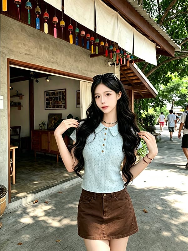 정가 신선함 연령 감소 쇼트 스타일 몸매 가꾸기 POLO 칼라 맨위 여성 여름 새로운 다용도 징 데님 반신 치마 세트 상세 이미지 5