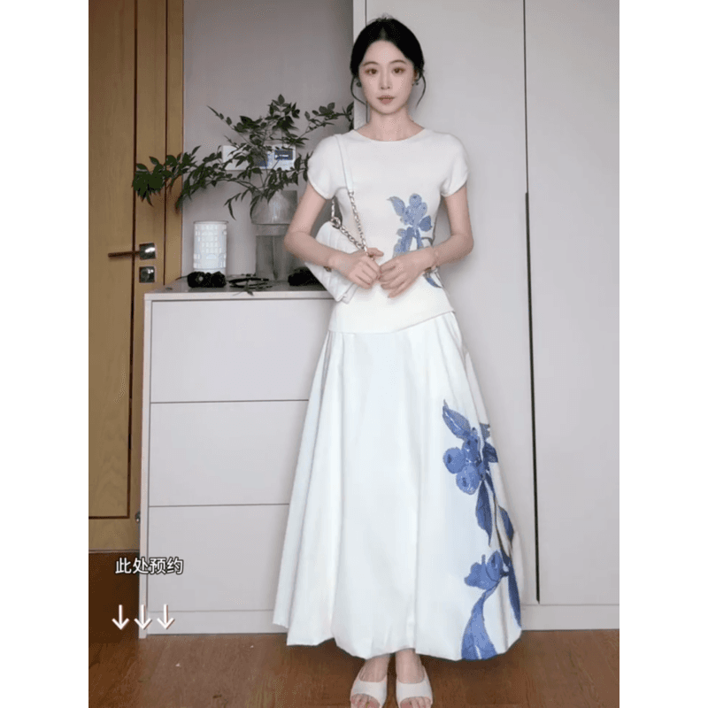정가 새로운 중식 미니멀리즘 바람 여름 꽃무늬 프린트 반팔 꽃무늬 슬림해 보이는 다중 레이어 연꽃 잎 케이크 반신 스커트 이미지 3
