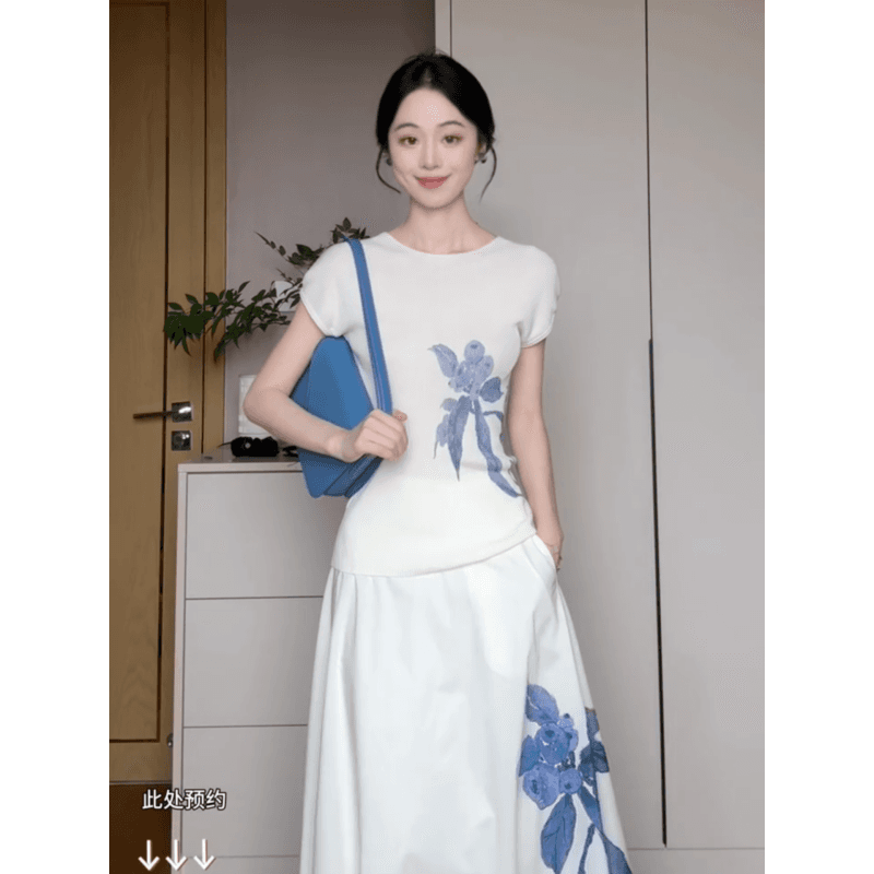 정가 새로운 중식 미니멀리즘 바람 여름 꽃무늬 프린트 반팔 꽃무늬 슬림해 보이는 다중 레이어 연꽃 잎 케이크 반신 스커트 이미지 4
