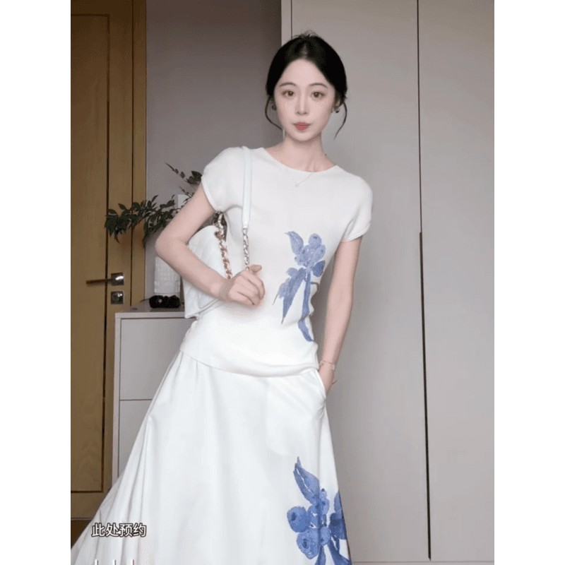 정가 새로운 중식 미니멀리즘 바람 여름 꽃무늬 프린트 반팔 꽃무늬 슬림해 보이는 다중 레이어 연꽃 잎 케이크 반신 스커트 상세 이미지 3