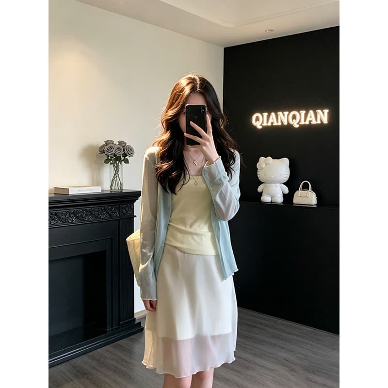 정가 한 부서 패션 자외선 차단 얇은 스타일 오픈 가디건 인사이드 가져 가라. 캐미솔 망사 패치워크 반신 치마 세트 상세 이미지 3