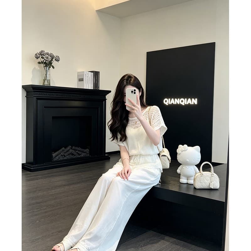 정가 프랑스식 홀로우 아웃 자카드 반팔 맨위 여성 여름 루즈핏 슬림해 보이는 방귀 커튼 넓은 다리 캐주얼 바지 세트 이미지 2