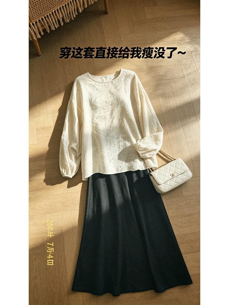 정가 한 부서 느슨함 느긋한 바람 벌룬 소매 루즈핏 여성 셔츠 여름 새로운 부드러운 품격 반신 치마 세트 상세 이미지 2