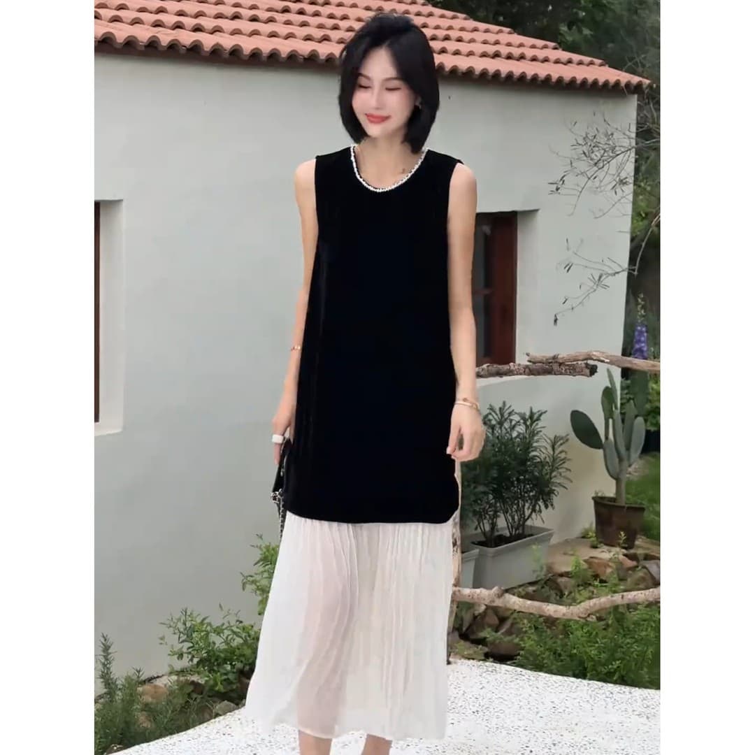 정가 한 부서 배색 패치워크 민소매 여성 드레스 여름 새로운 루즈핏 슬림해 보이는 우아함 길다 치마 이미지 5