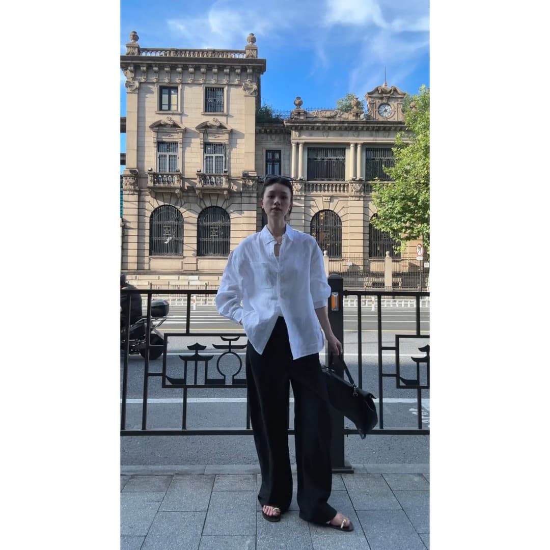 정가 한 부서 느긋한 바람 얇은 스타일 루즈핏 긴팔 화이트 여성 셔츠 하이웨이스트 도루 센스 캐주얼 바지 세트 상세 이미지 5