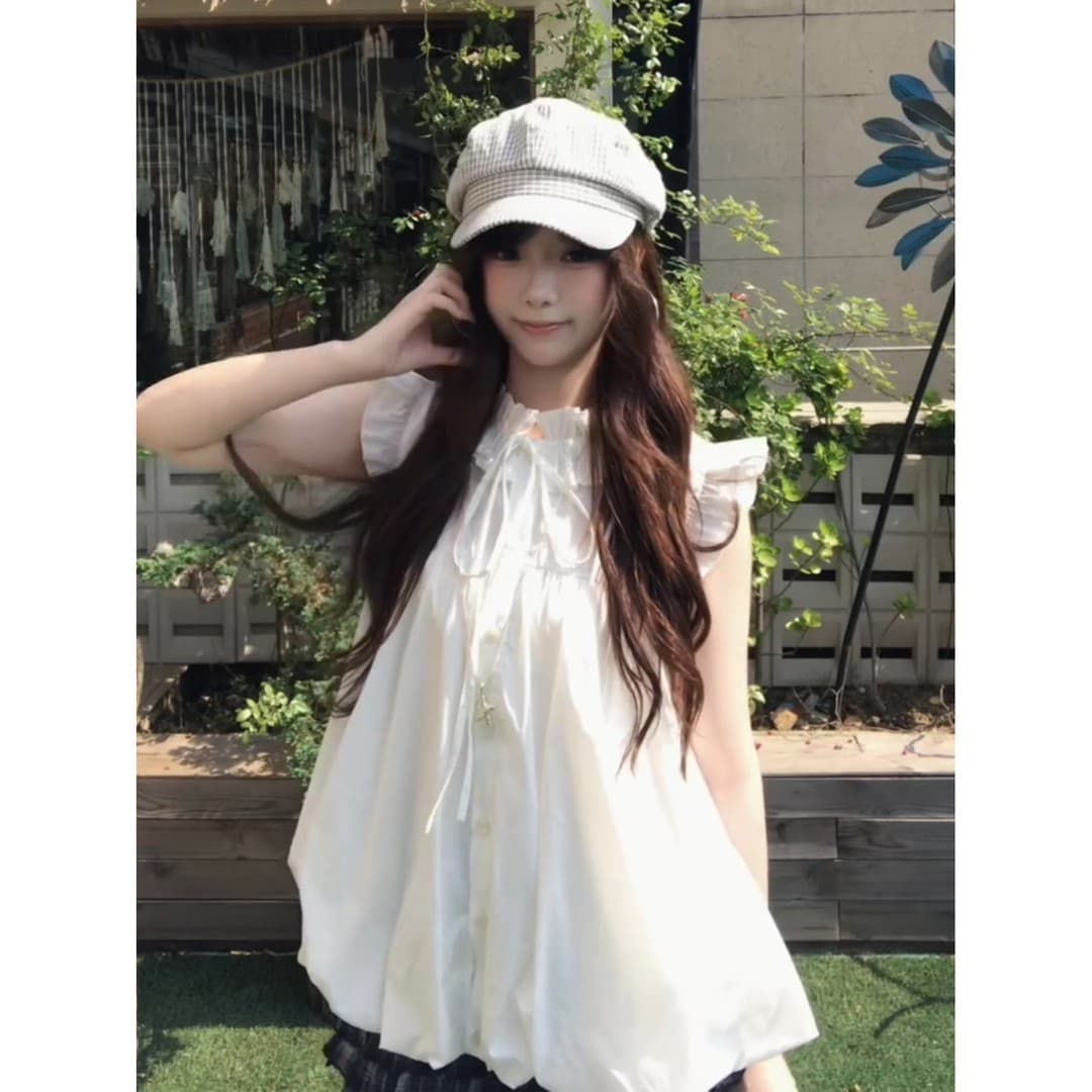 정가 프랑스식 부드러운 바람 화이트 작은 날다 소매 꽃밭 치마 맨위 여성 여름 체크무늬 반신 치마 세트 이미지 4