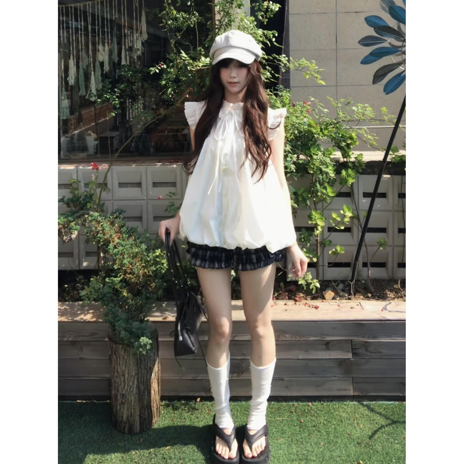 정가 프랑스식 부드러운 바람 화이트 작은 날다 소매 꽃밭 치마 맨위 여성 여름 체크무늬 반신 치마 세트 상세 이미지 2