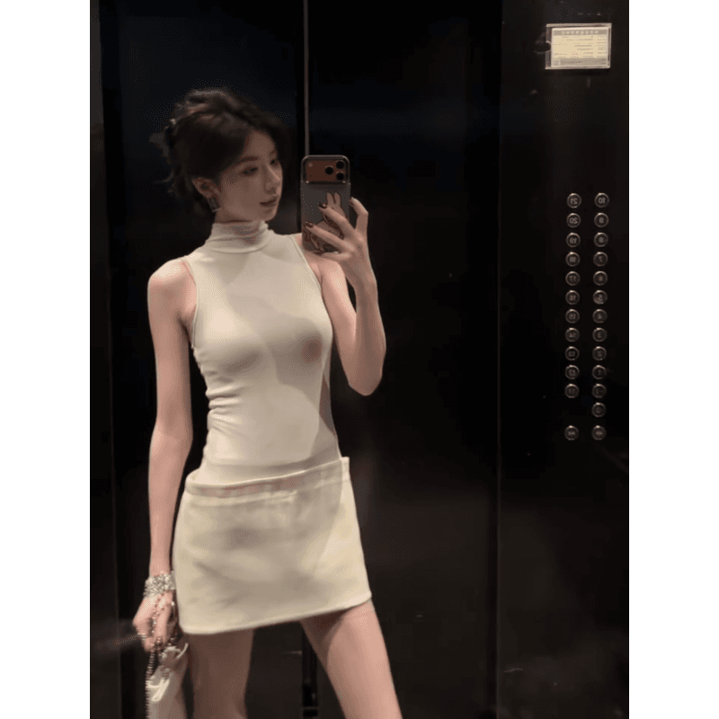 정가 핫걸 바람 터틀넥 민소매 조끼 여성 드레스 여름 고급 센스 품격 몸매 가꾸기 슬림해 보이는 미니 스커트 이미지 2