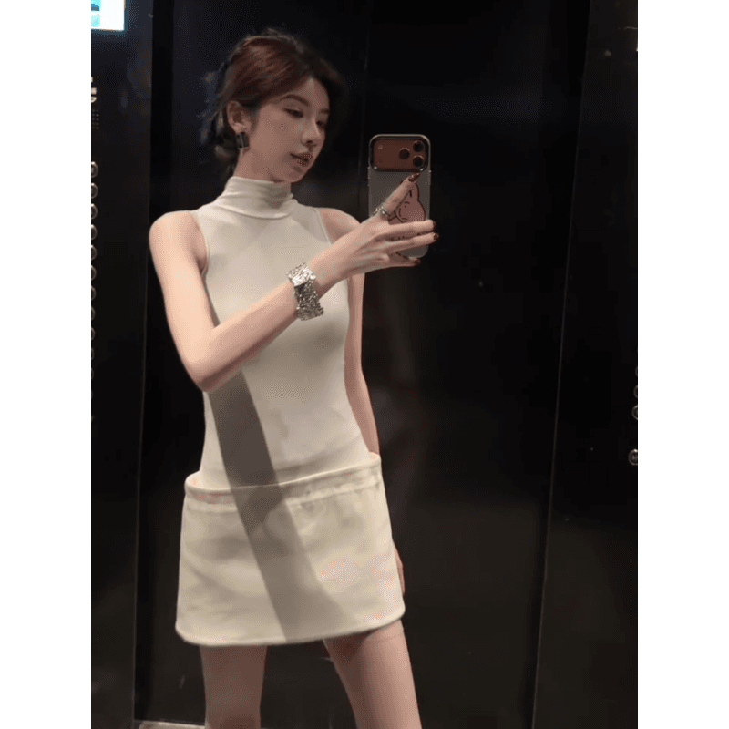 정가 핫걸 바람 터틀넥 민소매 조끼 여성 드레스 여름 고급 센스 품격 몸매 가꾸기 슬림해 보이는 미니 스커트 이미지 3