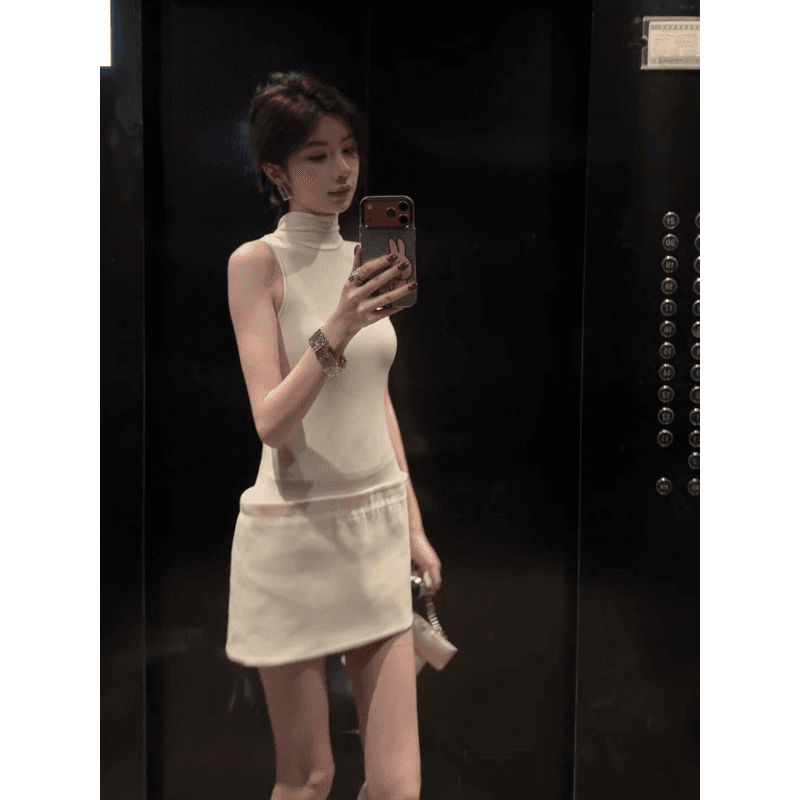 정가 핫걸 바람 터틀넥 민소매 조끼 여성 드레스 여름 고급 센스 품격 몸매 가꾸기 슬림해 보이는 미니 스커트 상세 이미지 2