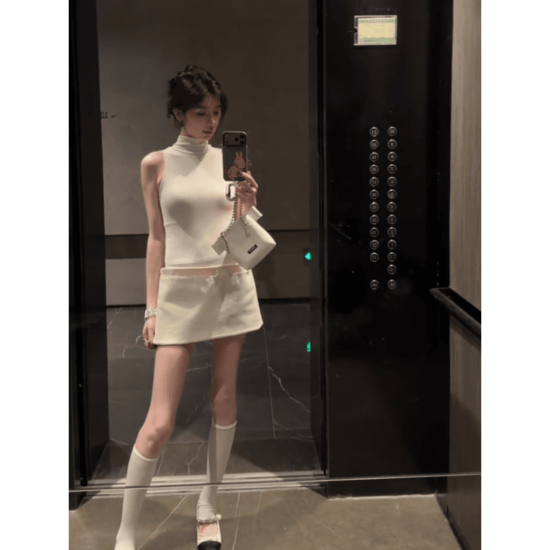 정가 핫걸 바람 터틀넥 민소매 조끼 여성 드레스 여름 고급 센스 품격 몸매 가꾸기 슬림해 보이는 미니 스커트 상세 이미지 3