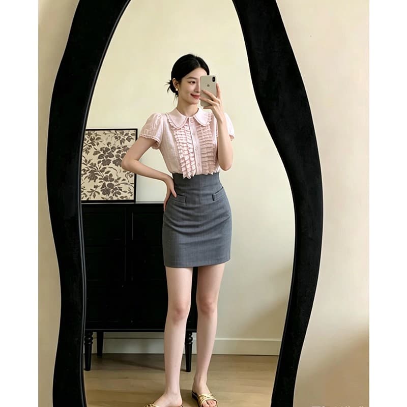 정가 한 부서 핑크색 반팔 폴로 칼라 셔츠 맨위 여성 여름 디자인 센스 타이트 스커트 반신 치마 세트 이미지 2