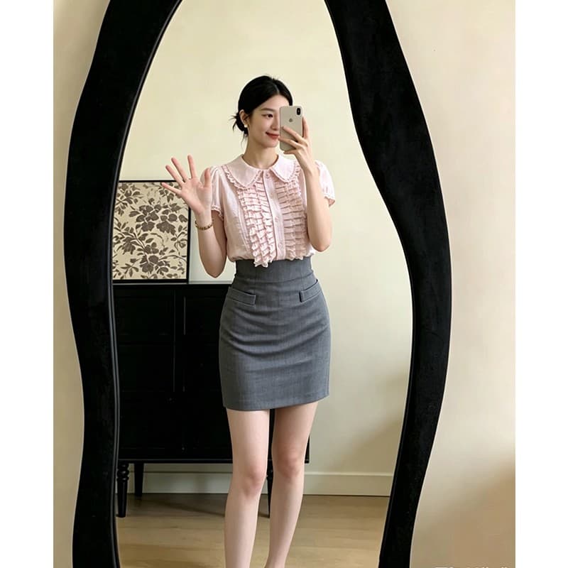 정가 한 부서 핑크색 반팔 폴로 칼라 셔츠 맨위 여성 여름 디자인 센스 타이트 스커트 반신 치마 세트 이미지 4