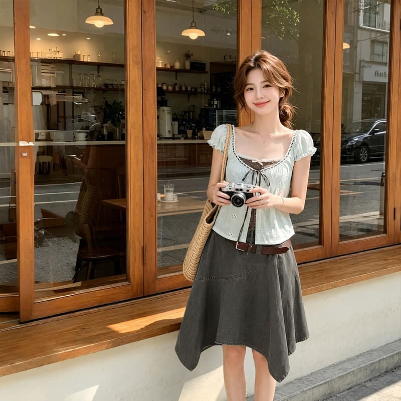 정가 한 부서 핫걸 바람 레이스 레이스업 거품 소매 여성 셔츠 여름 새로운 홀로우 아웃 작은 키 다용도 맨위 이미지 4