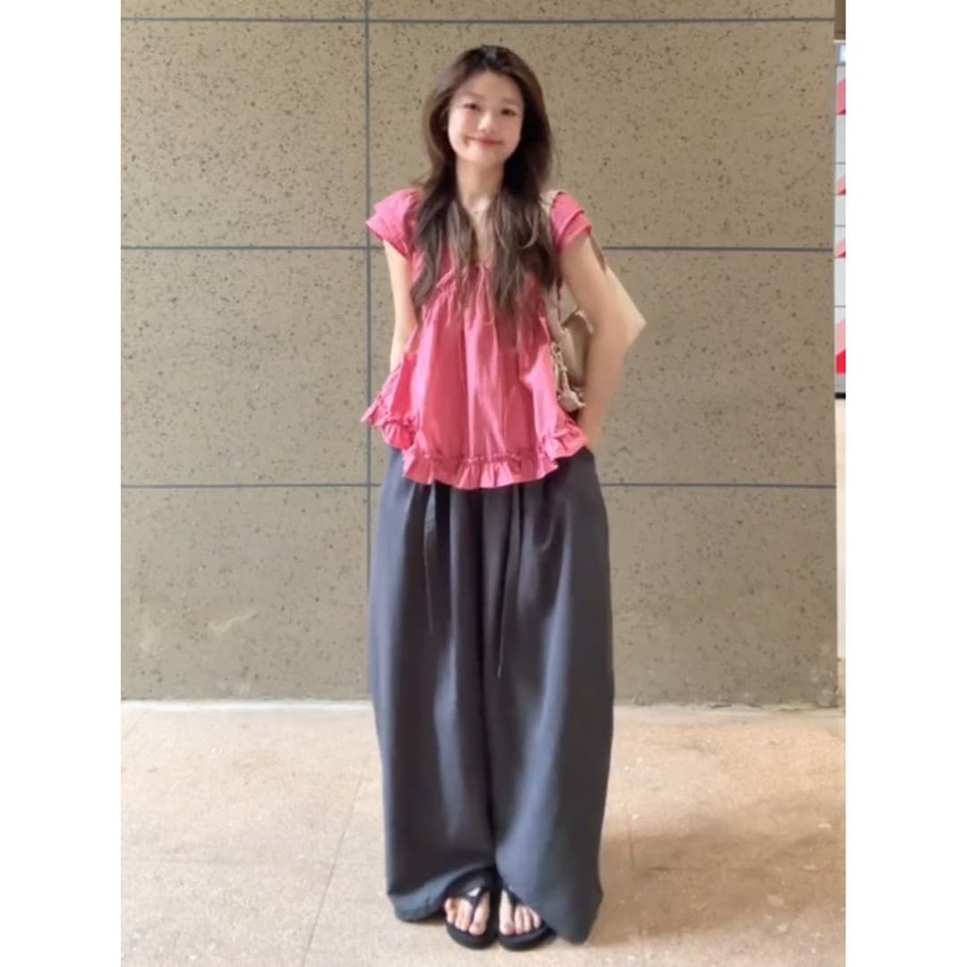 정가 한 부서 달콤한 자매 레이스업 V넥 작은 날다 소매 루즈핏 여성 셔츠 여름 새로운 루즈핏 표지 배 연령 감소 맨위 상세 이미지 5