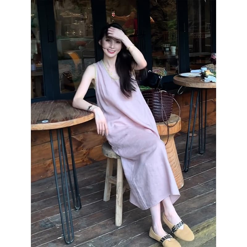 정가 부드러운 달콤한 스타일 u 칼라 민소매 여성 드레스 여름 루즈핏 슬림해 보이는 분위기 센스 길다 치마 이미지 2