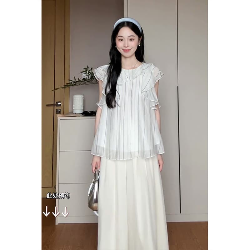 정가 한 부서 프랑스식 프릴 스트라이프 셔츠 맨위 여성 여름 새로운 루즈핏 캐주얼 바지 투피스 세트 상세 이미지 2