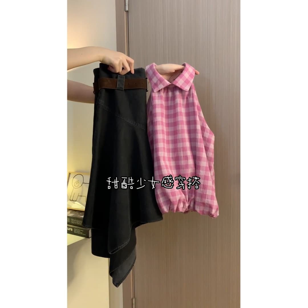 정가 프랑스식 부드러운 바람 체크무늬 행침 목 민소매 맨위 하이웨이스트 슬림해 보이는 불규칙 반신 치마 세트 상세 이미지 3
