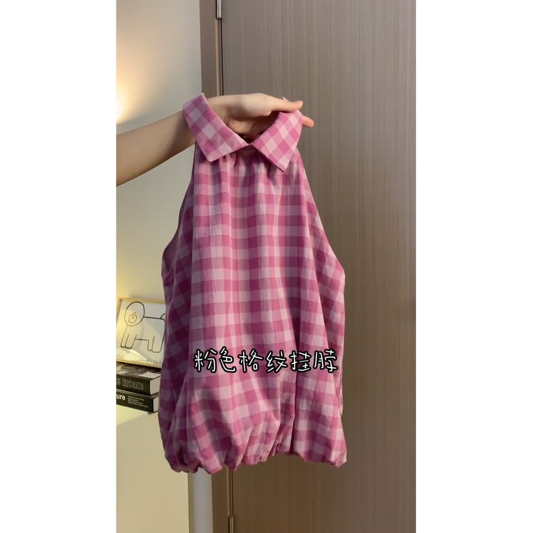 정가 프랑스식 부드러운 바람 체크무늬 행침 목 민소매 맨위 하이웨이스트 슬림해 보이는 불규칙 반신 치마 세트 상세 이미지 4