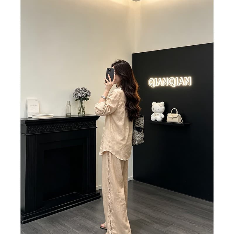 정가 재고 있음 프랑스식 레이스 자수 루즈핏 셔츠 맨위 여성 여름 새로운 루즈핏 와이드 레그 팬츠 세트 상세 이미지 3